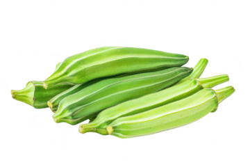 A close-up view of fresh. green okra pods stacked together. their smooth texture and natural color against a clean white background. ideal for culinary use or agricultural themes