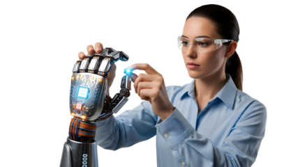 A woman engineer examines a mechanical arm, showcasing technological innovation and precision, isolated on transparent background