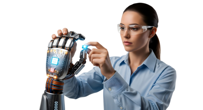 A woman engineer examines a mechanical arm, showcasing technological innovation and precision, isolated on transparent background