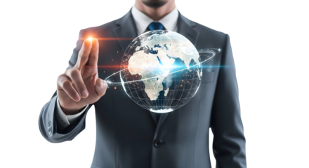 A business person is touching world globe with futuristic concept, isolated on transparent background