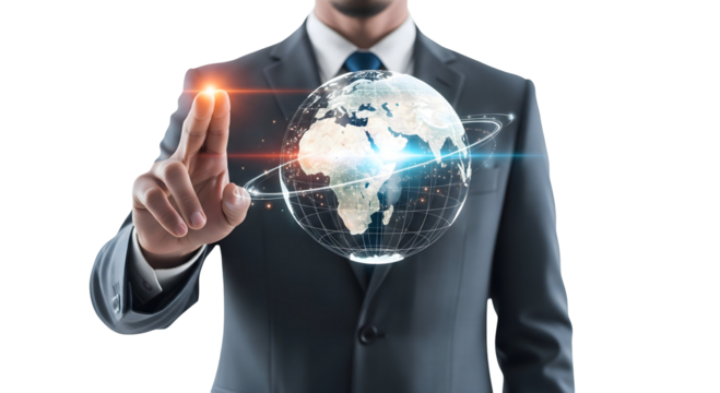 A business person is touching world globe with futuristic concept, isolated on transparent background