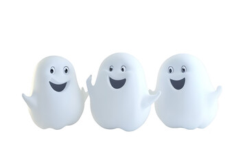 Three cheerful cartoon ghosts with friendly expressions stand together in a bright. minimalistic setting. evoking a playful and light-hearted atmosphere suitable for Halloween-themed designs