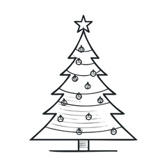 Obraz premium Outline sketch of a decorated Christmas tree with a star