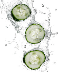 Fresh cucumber slices splashing into clear water. creating dynamic ripples and bubbles. set against a bright white background. ideal for health and wellness themes or culinary uses