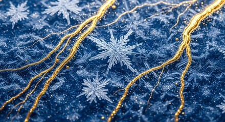 Blue Frozen Background with Ice Crystals and Golden Veins Abstract Winter Texture Cold Season Frosty Pattern Macro Photography Nature