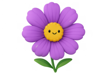 Cute purple flower character smiling, a happy spring blossom with a cheerful face and green leaves, 3d render on transparent background