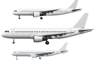 A collection of three white commercial airplanes displayed in different angles. their sleek designs and aerodynamic features against a transparent background. ideal for aviation-related projects