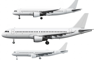 A collection of three white commercial airplanes displayed in different angles. their sleek designs and aerodynamic features against a transparent background. ideal for aviation-related projects