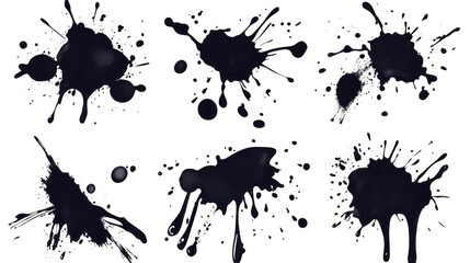 A collection of six distinct black ink splatters various shapes and sizes. ideal for creative design projects. backgrounds. or artistic compositions
