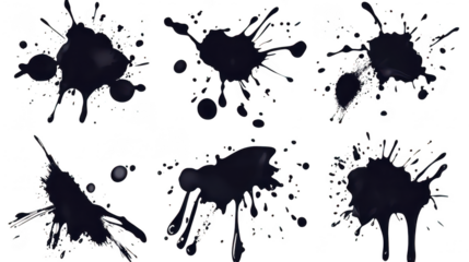 A collection of six distinct black ink splatters various shapes and sizes. ideal for creative design projects. backgrounds. or artistic compositions
