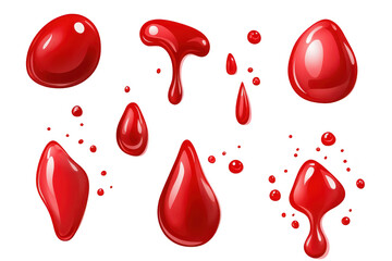 A collection of glossy red liquid droplets in various shapes and sizes on a white background. ideal for design projects. illustrations. and creative artwork
