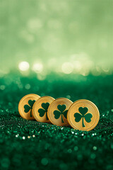 St. Patrick's Day abstract golden coins with clover on green backdrop. Shamrock leaves. Patrick day vertical background, free space for text, copy space