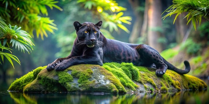 Majestic Black Panther Resting on Mossy Rock by Tranquil Water in Lush Green Forest