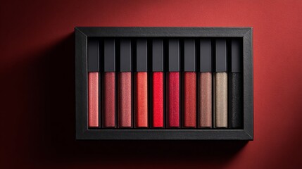 Lip gloss collection in black box, vibrant shades, against red background