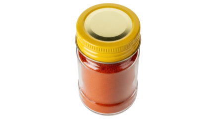 Isolated jar of paprika powder with a yellow lid for cooking ingredient packaging element