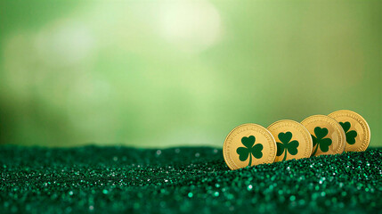 Four St. Patrick's Day abstract golden coins with clover on green backdrop. Shamrock leaves. Patrick day horizontal background, free space for text, copy space