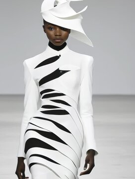 Futuristic black woman model walking on runway fashion show in avant-garde haute couture dress, white and black contrast design, high fashion catwalk, elegant movement and modern style.
