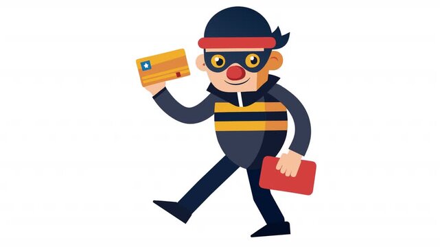 Cartoon thief with a credit card. Bank thief animation, alpha channel. Cartoon