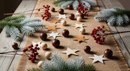 Rustic charm of winter holidays decoration with natural elements on wooden background evokes festive mood featuring pine branches berries and stars for festive celebrations display