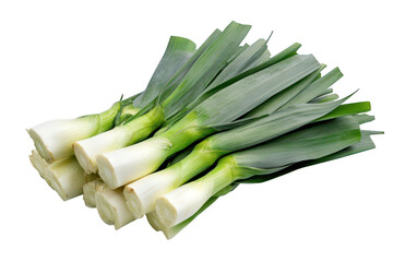 Freshly harvested leeks arranged neatly on a white background. their green leaves and white bulbs. ideal for culinary use and food photography