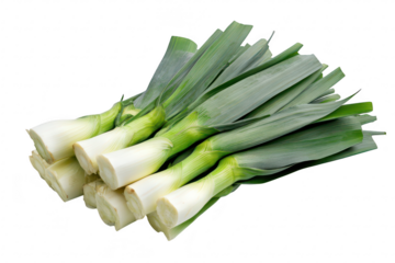 Freshly harvested leeks arranged neatly on a white background. their green leaves and white bulbs. ideal for culinary use and food photography
