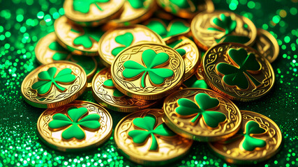 St. Patrick's Day abstract golden coins with clover on green backdrop. Shamrock leaves. Patrick day horizontal background 