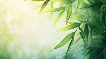 Lush green bamboo leaves glistening with water droplets in a serene natural setting during a quiet afternoon Generative AI