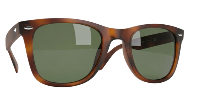 Isolated sunglasses, brown frame with green lenses, retro fashion and eyewear design focus