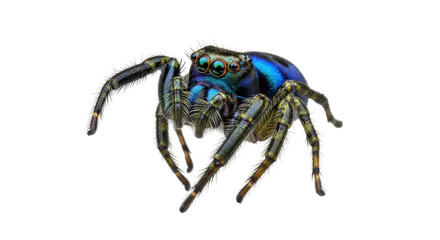 Isolated Peacock Spider Close-Up Showing Fine Details on Legs and Body with Iridescent Colors
