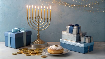  gleaming golden menorah stands prominently with all nine candles lit, casting a warm glow. 