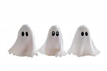 Three adorable ghost plush toys with big black eyes. arranged in a row against a bright white background. creating a playful and whimsical atmosphere perfect for Halloween-themed decorations