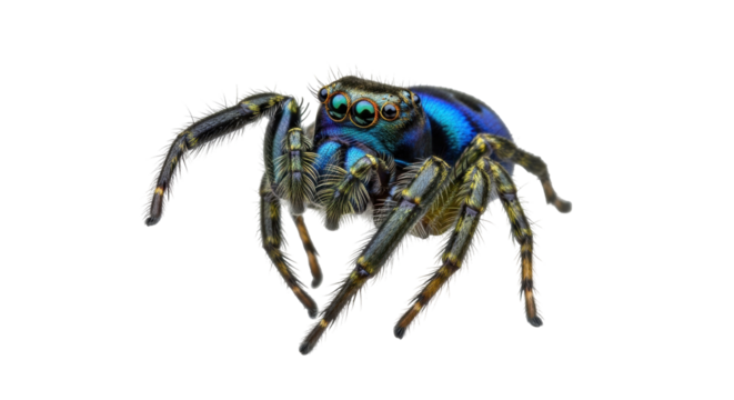 Isolated Peacock Spider Close-Up Showing Fine Details on Legs and Body with Iridescent Colors