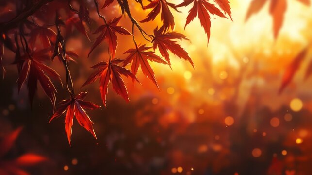 Bright red leaves catch the sunlight in a beautiful autumn scene during a peaceful evening in a tranquil forest Generative AI - Powered by Adobe