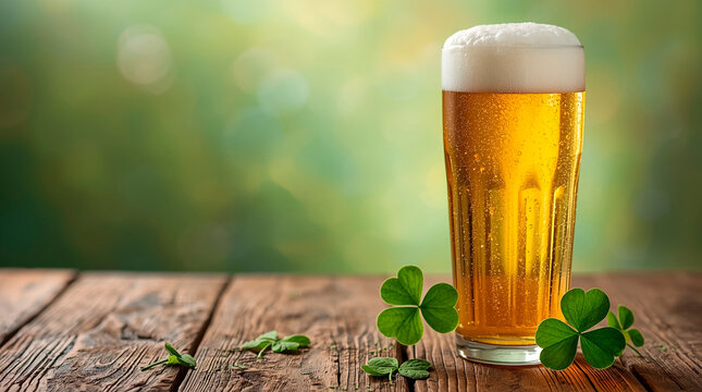 Festive background with a glass of light beer on a wooden base and green shamrock leaves for St. Patrick's Day, vertical banner, free space for text and copy - Powered by Adobe