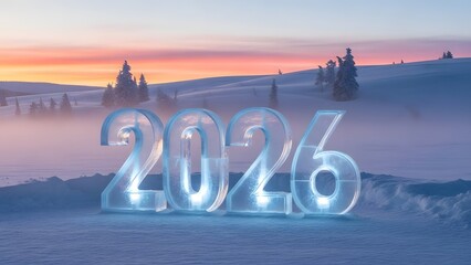 Icy 2026 new year celebration in a snowy winter landscape at sunset