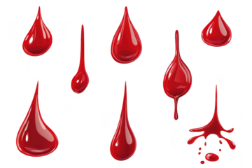 A collection of various red liquid droplets in different shapes and sizes. their glossy textures against a clean white background. ideal for creative projects and design use