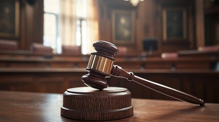 Inside a courtroom, a gavel rests prominently on the bench, symbolizing justice and law as the sun filters through the windows Generative AI