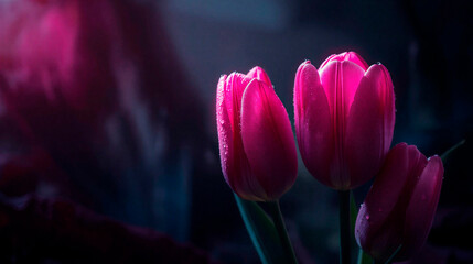 pink tulips in the garden, black horizontal background for cards, flowers advertisment with summer or spring pattern, free space for text and copy
