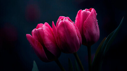 pink tulips in the garden, black horizontal background for cards, flowers advertisment with summer or spring pattern, free space for text and copy