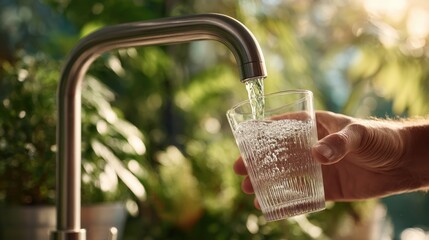 A hand fills a glass with fresh, clean water from a kitchen tap, with a soft focus on green plants in the background © Happy