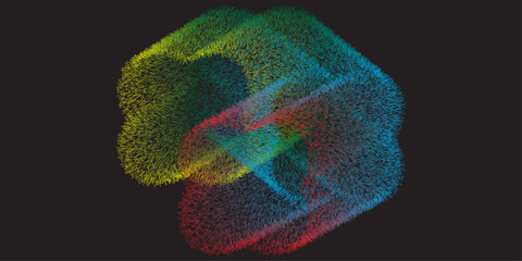 An abstract, dark digital background featuring a volumetric, intertwining form composed of dense, fine, short, and radiating "fur-like" particles or lines, creating a soft yet dynamic 3D shape that tr