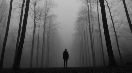 Fototapeta premium A solitary figure stands in a foggy forest, enveloped by tall, bare trees and an eerie atmosphere.