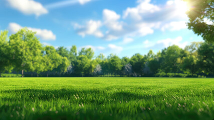 Fototapeta premium Green grass lawn in a sunny park landscape