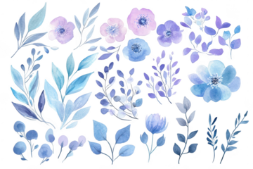 A collection of delicate watercolor floral illustrations featuring various blue and purple flowers. leaves. and botanical elements. ideal for use in design projects or as decorative art