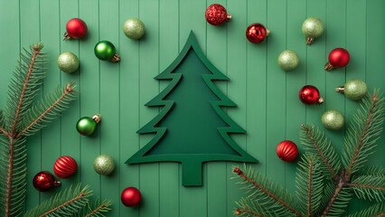  festive and artfully arranged Christmas flat lay featuring a dark green, stylized wooden Christmas tree shape placed centrally on a lighter green, ribbed wooden background