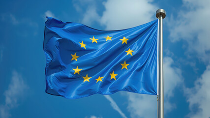 European union flag flying on flagpole against blue sky