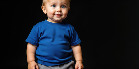 Happy toddler boy wearing blue t-shirt smiling