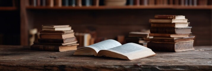Open book on rustic wooden table surrounded by stacks of antique books