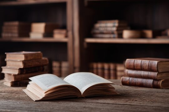 Vintage open book in library with wooden bookshelves and stacked leather-bound books
