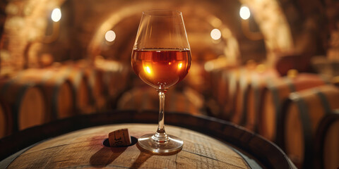 Wine glass on barrel in rustic cellar